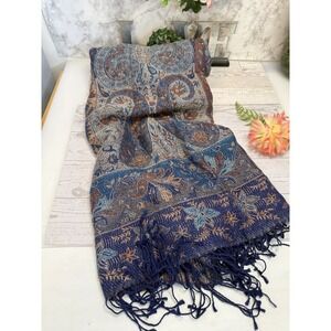 Vtg Marina D'este Blue Purple Silk Scarf Rectangle Paisley Tasseled Italy 72X27